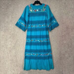 Vtg Handmade Embroidered Colorful Floral Dress Mexican Traditional Ethnic STAINS